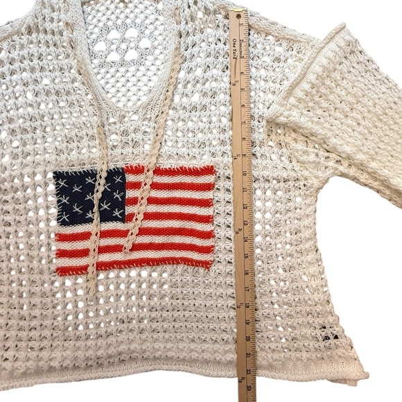 Pol American Flag Open Knit Crochet Sweater Top Hoodie Red White and Blue Large - Picture 11 of 12